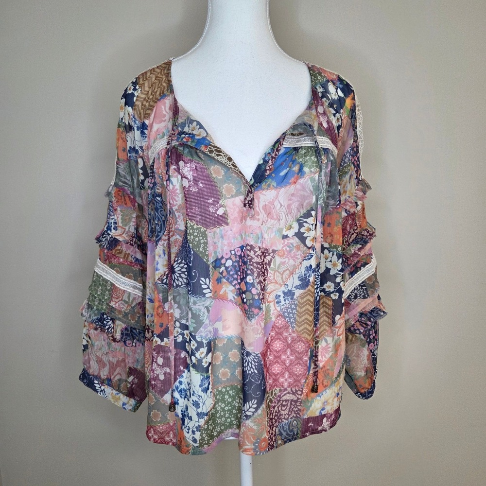 Cottagecore John Mark Patchwork Lace Blouse Ruffl… - image 1